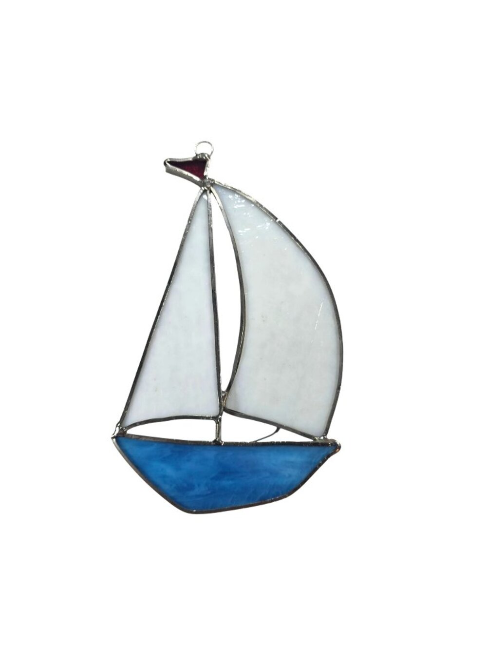 Stained Glass Sailboat Sun Catcher White Sails Blue Hull Red Flag Nautical Ocean